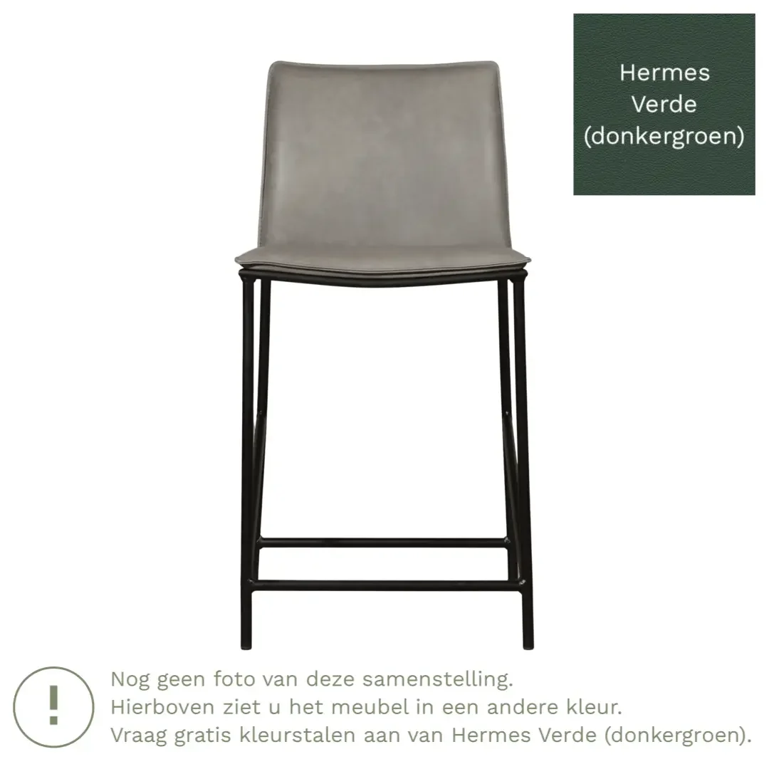afbeelding van Leren barkruk laag Favor - Hermes Verde (donkergroen) - poten staal rond zwart